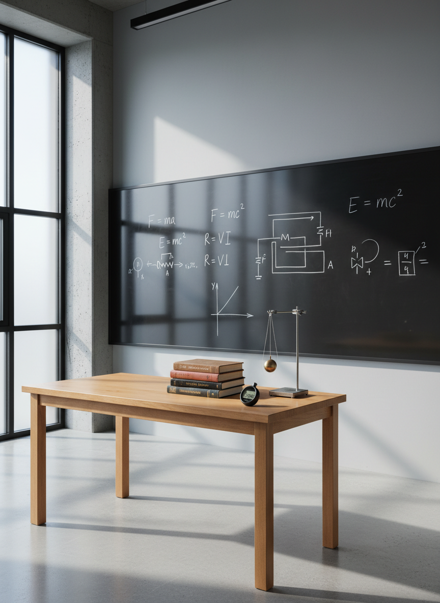 A clean, modern physics classroom interior without any people, featuring a large, matte black glass whiteboard filled with neatly written equations in bright white marker, including F = ma and simple circuit diagrams. In front of the board stands a single polished wooden lab table with a metallic stand holding a pendulum bob, a stack of well-used physics textbooks, and a precise digital stopwatch. Soft, diffused daylight enters from tall windows on one side, creating gentle reflections on the board and subtle shadows across the floor. Photographic realism, shot at eye level with a slightly wide angle, sharp focus throughout, conveying a professional, focused, and academically serious atmosphere suitable for a premium physics coaching institute.