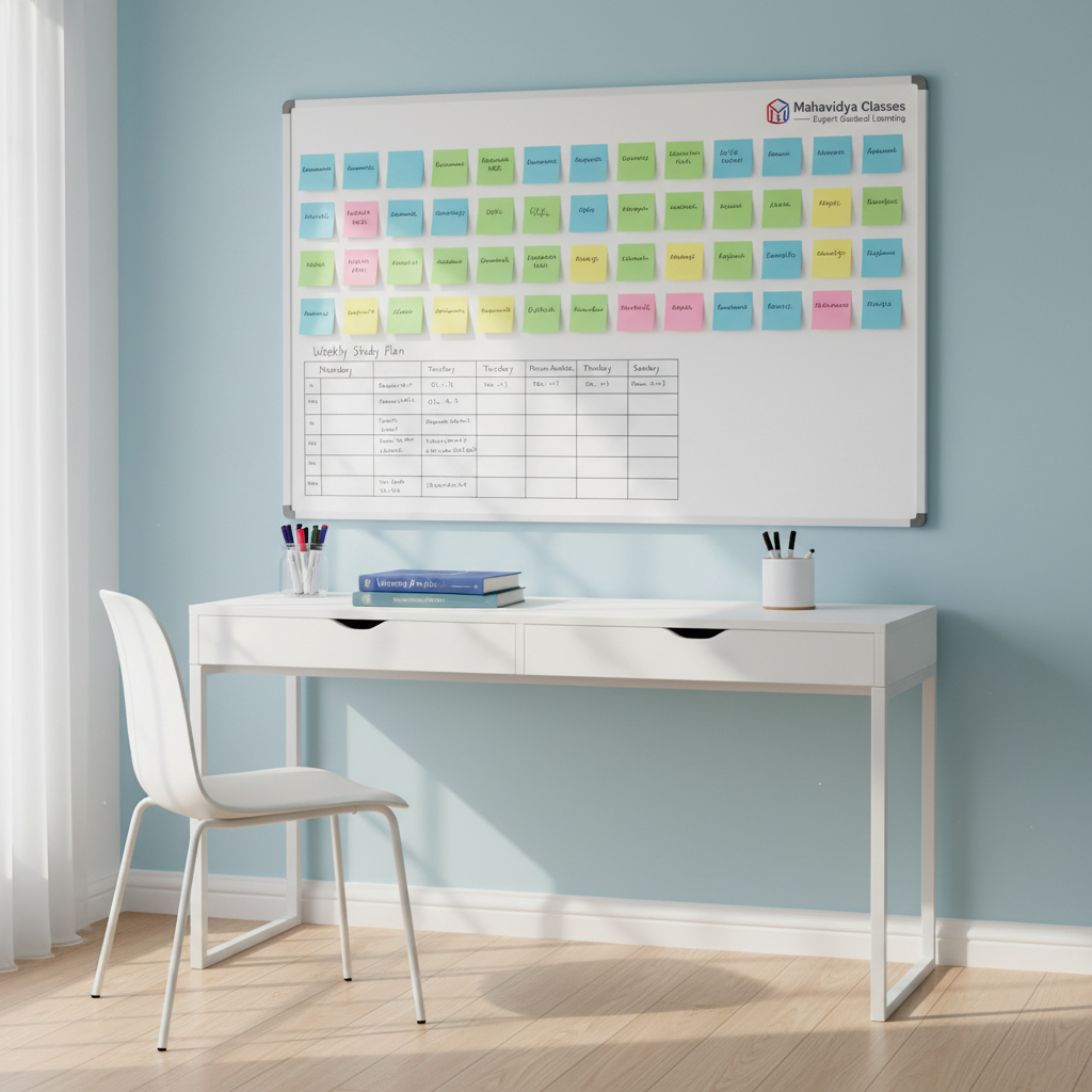A bright, organized exam-preparation corner tailored for physics students: a white magnetic board mounted on a light pastel wall, covered with neatly arranged color sticky notes labeled with topics like Kinematics, Rotational Motion, Electrostatics, and Modern Physics, plus a clearly written weekly study plan. Below, a minimalist white desk holds a closed physics reference book, a set of fine-tip markers, and a tidy pen holder. Natural afternoon light streams in from the side, producing soft, elongated shadows and a calm, focused ambiance. Photographic realism, framed using the rule of thirds, with sharp focus and a clean, modern aesthetic that conveys structured, expert-guided learning at Mahavidya Classes.