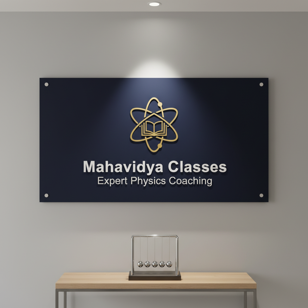 An elegant wall display representing Mahavidya Classes branding: a large, deep-navy blue background panel with a minimalist golden atom symbol orbiting around an open book icon at the center, subtly embossed for a three-dimensional effect. Below, the words "Mahavidya Classes" and "Expert Physics Coaching" appear in clean, modern white lettering. The display is mounted on a smooth, light-gray wall in a reception-like space, with a narrow console table beneath holding a single metallic Newton’s cradle sculpture. Soft, indirect ceiling lighting washes the panel evenly, creating gentle highlights on the embossed logo. Photographic realism, straight-on composition, balanced and uncluttered, evoking trust, professionalism, and academic excellence.