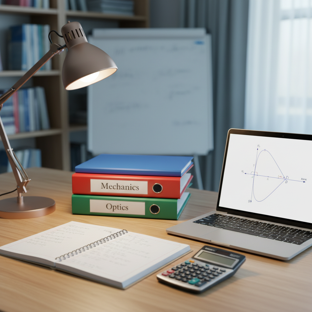 A meticulously arranged study desk dedicated to physics coaching, with a smooth light-wood surface holding an open notebook filled with neatly written derivations, a high-quality scientific calculator, and a sleek laptop displaying a clear physics diagram of projectile motion. On the side lies a stack of color-coded binders labeled Mechanics, Electromagnetism, and Optics. A small metallic desk lamp with a warm white LED casts focused light on the workspace, while cool daylight from an unseen window softly illuminates the background. Photographic realism, captured from a slightly elevated angle with shallow depth of field, creating a calm, organized, and professional mood that reflects serious exam preparation and expert guidance.