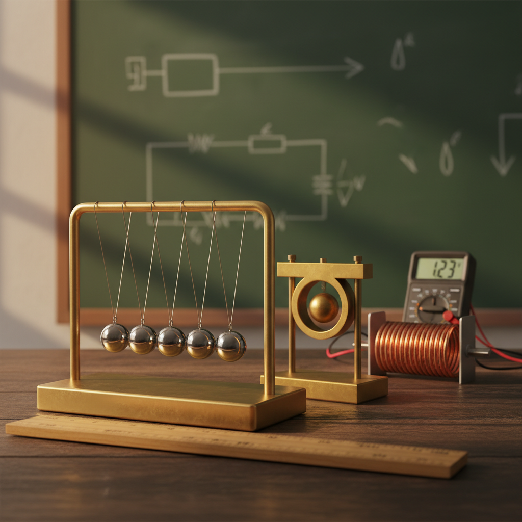 A detailed still life of classic physics teaching tools assembled on a dark wooden table: a polished brass Newton’s cradle with perfectly aligned steel balls, a sturdy ring-and-ball thermal expansion apparatus, a coiled copper solenoid connected to a digital multimeter, and a neatly labeled meter scale along the edge. Behind them, a matte green chalkboard shows cleanly written circuit symbols and vector arrows. Warm, directional side lighting from a nearby window casts distinct yet soft shadows, highlighting textures of metal, wood, and chalk. Photographic realism, captured at eye level with moderate depth of field, the foreground instruments crisp and the chalkboard gently blurred, creating a serious, laboratory-like atmosphere ideal for advanced physics tuition marketing.