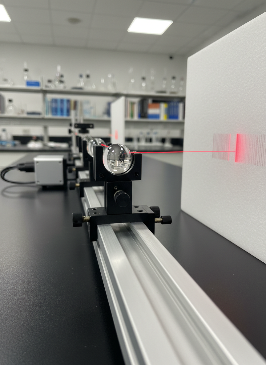 A close-up, photographic realism shot of a high-precision physics lab setup: a polished optical bench with gleaming metal rails, adjustable lens holders, a mounted convex lens, and a laser source projecting a thin, vivid red beam across the apparatus onto a white screen with sharp interference patterns. The bench rests on a dark, matte lab table in a tidy, modern classroom environment, with softly blurred shelves of neatly stored instruments in the background. Cool, even overhead lighting creates crisp reflections on the metal surfaces and clear visibility of every screw and scale marking. Shot at a low, side angle to emphasize depth and precision, the mood is highly professional, technical, and focused on conceptual clarity.